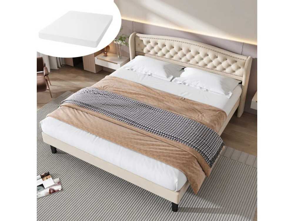 Lit rembourré élégant avec tête de lit en velours, 160*200 cm,  beige (avec matelas)