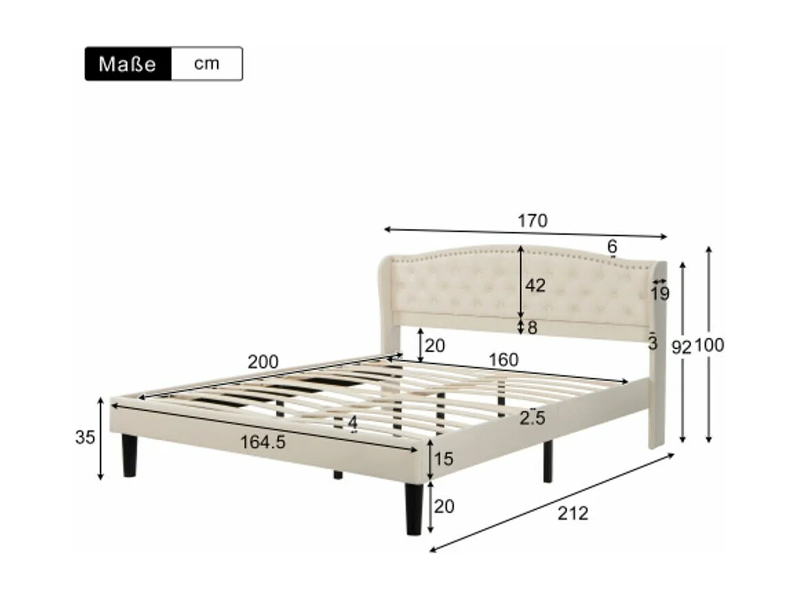 Lit rembourré élégant avec tête de lit en velours, 160*200 cm,  beige (avec matelas)