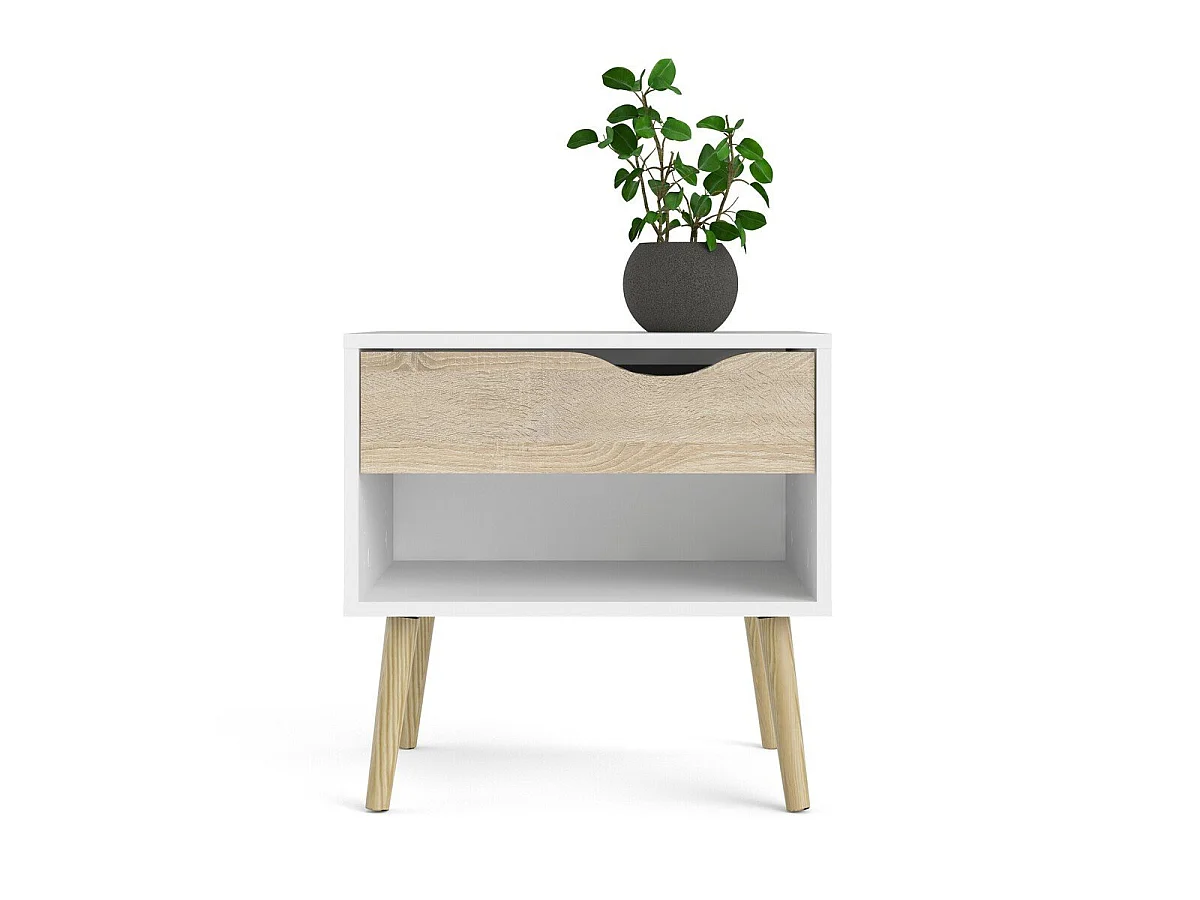 Table de chevet 1 tiroir, 1 niche blanc et décor chêne L50,2 cm - BILLUND