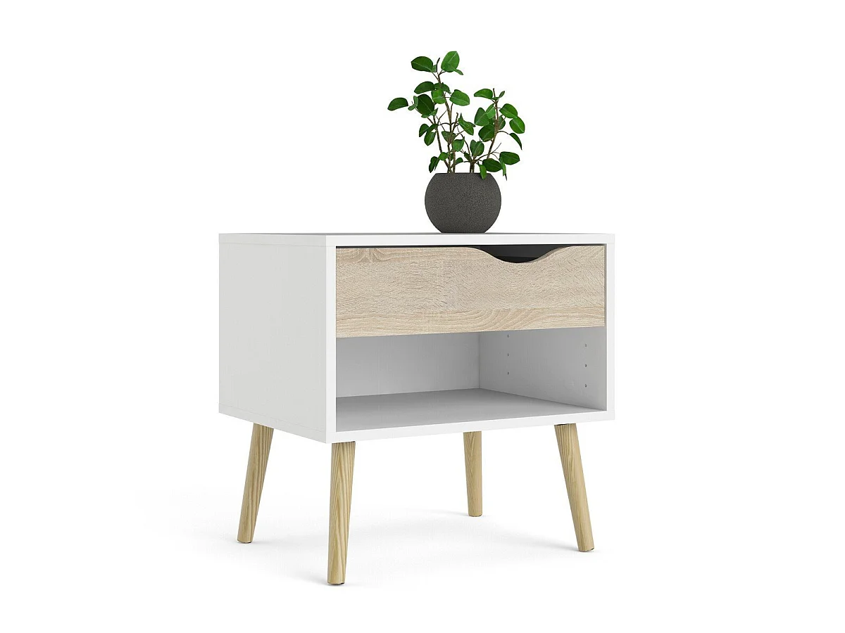 Table de chevet 1 tiroir, 1 niche blanc et décor chêne L50,2 cm - BILLUND