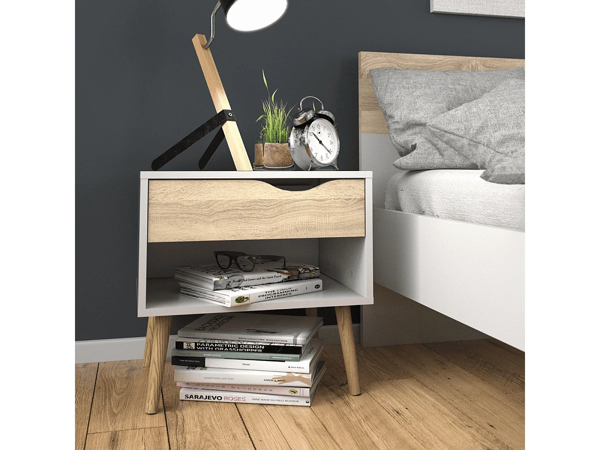 Table de chevet 1 tiroir, 1 niche blanc et décor chêne L50,2 cm - BILLUND
