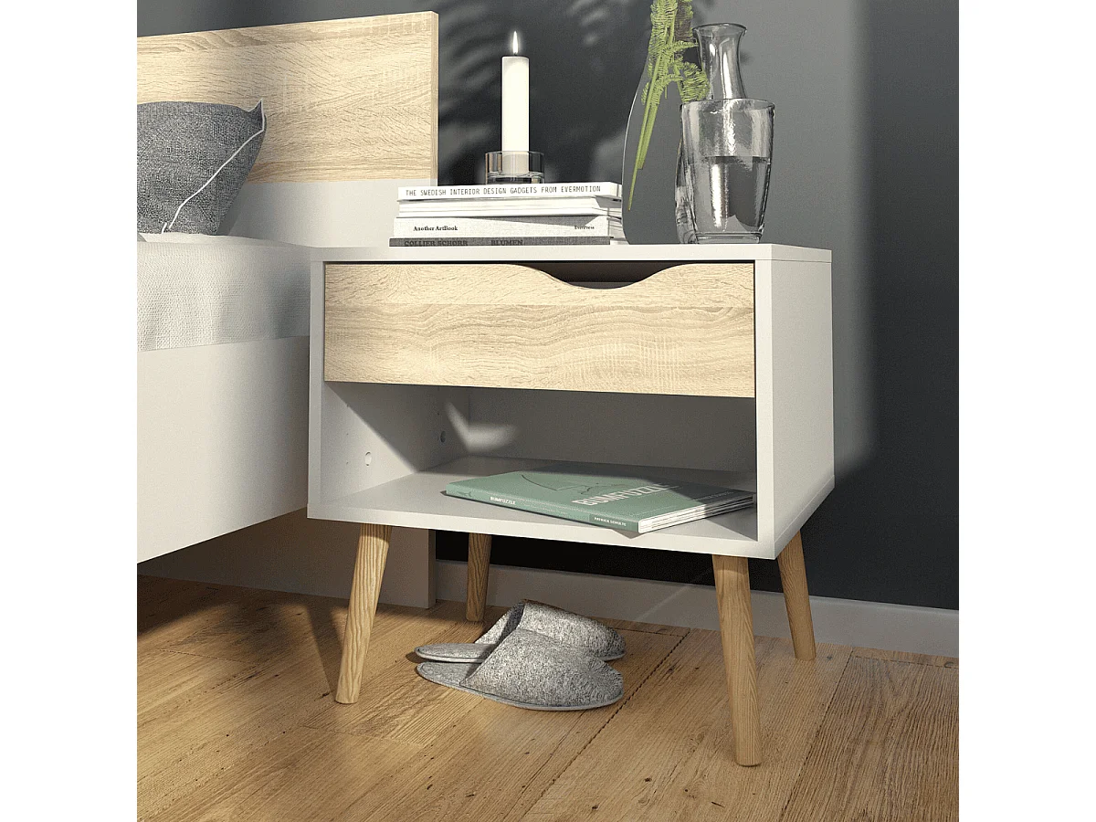 Table de chevet 1 tiroir, 1 niche blanc et décor chêne L50,2 cm - BILLUND
