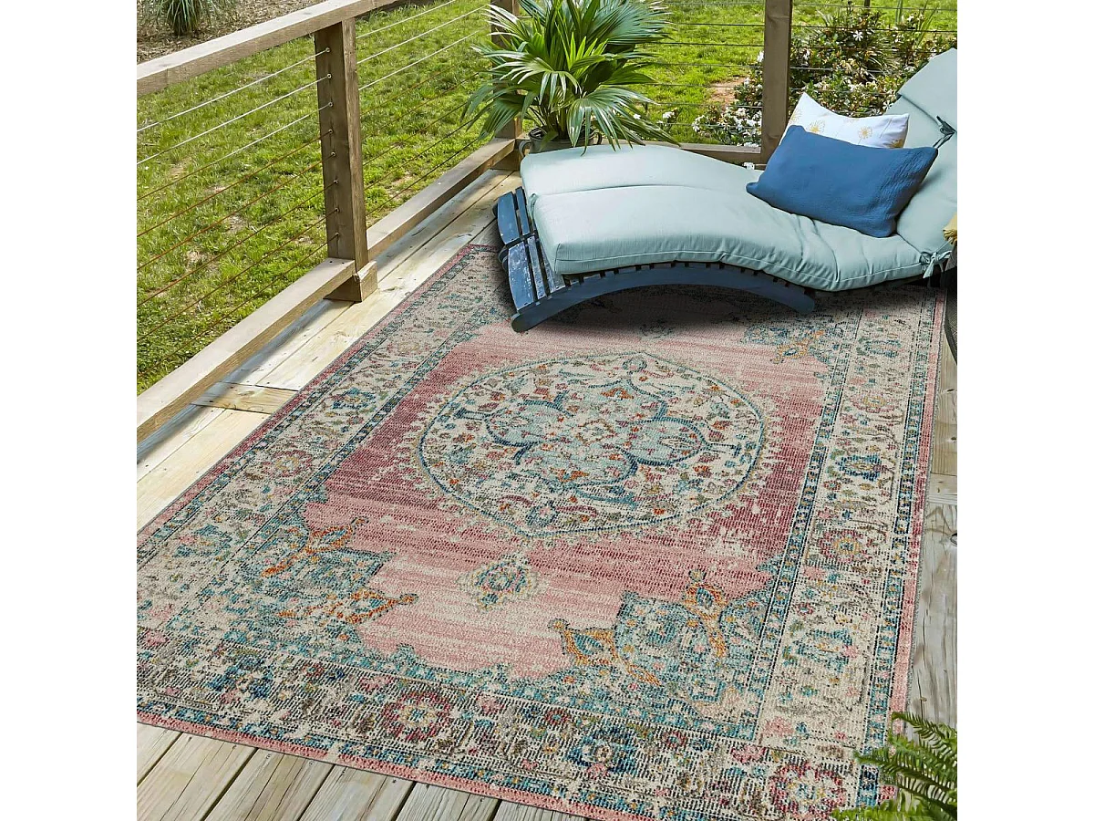 Tapis extérieur 160x230 tissé kilim bleu et ros SALOUT A
