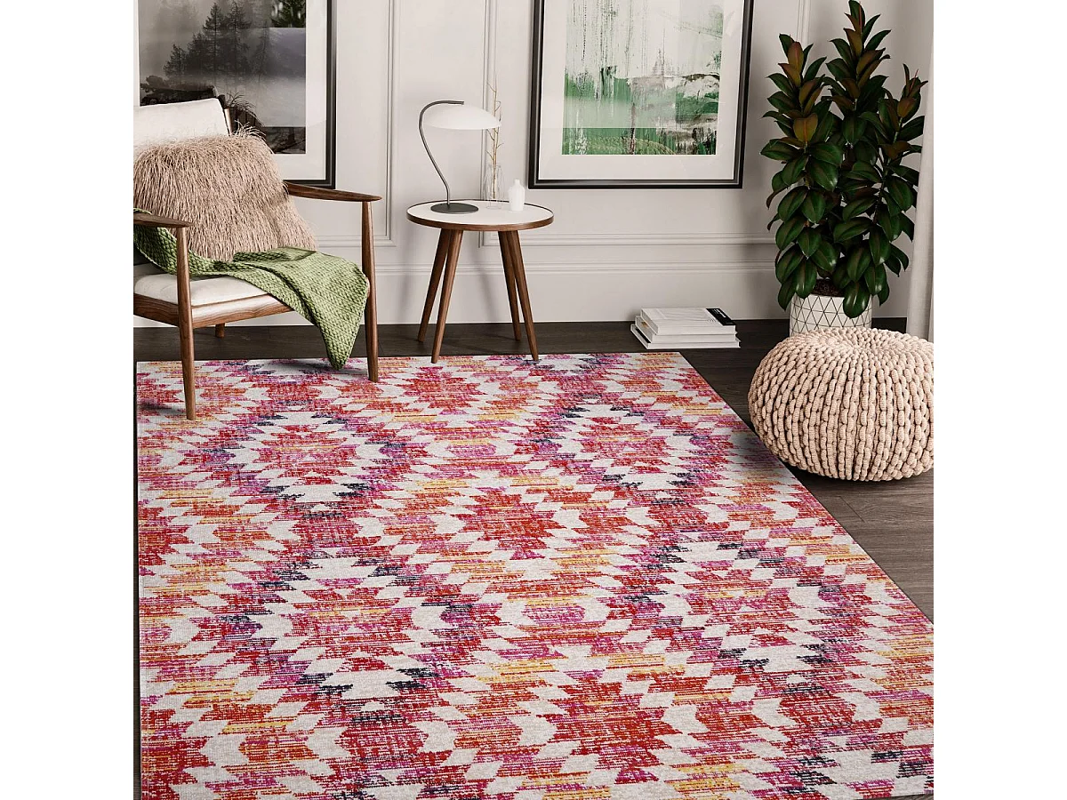 Tapis extérieur 120x170 tissé kilim rose et rouge SANDRINE