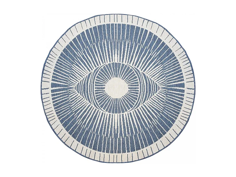 Tapis rond d'extérieur, kilim reversible Ø160cm LYN2 B ROND REVERSIBLE bleu et crème