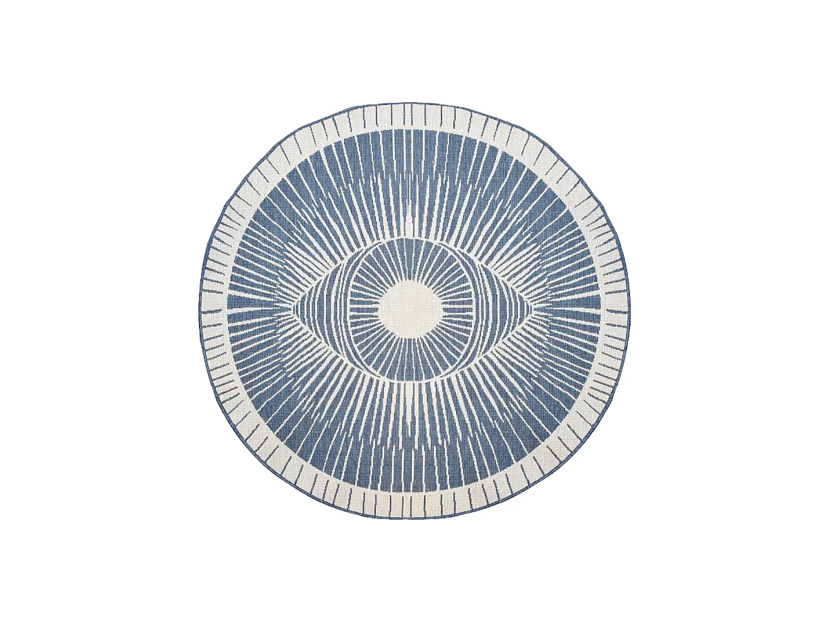 Tapis rond d'extérieur, kilim reversible Ø160cm LYN2 B ROND REVERSIBLE bleu et crème