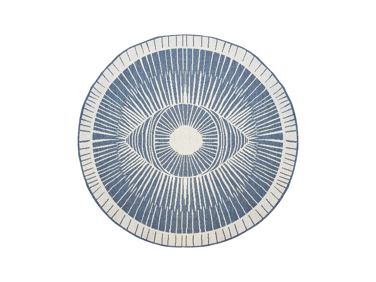 Tapis rond d'extérieur, kilim reversible Ø160cm LYN2 B ROND REVERSIBLE bleu et crème