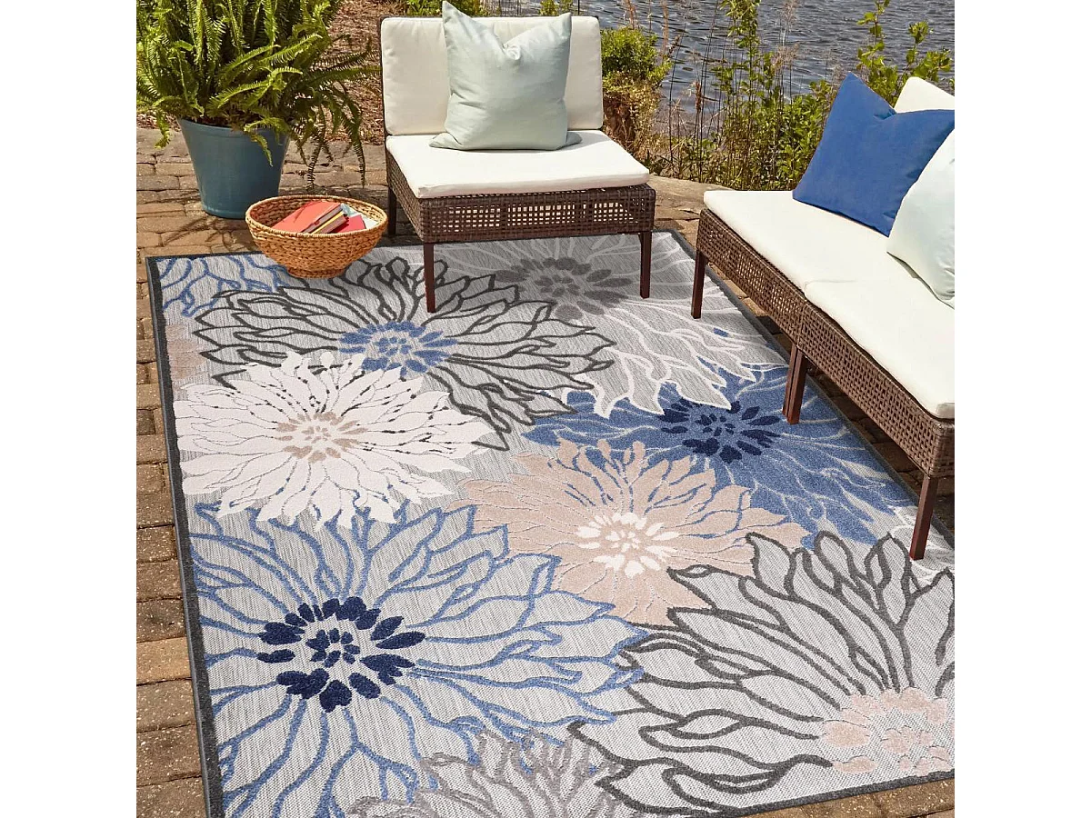 Tappeto da esterno 160x230 tessuto kilim blu e grigio CHIMEKA