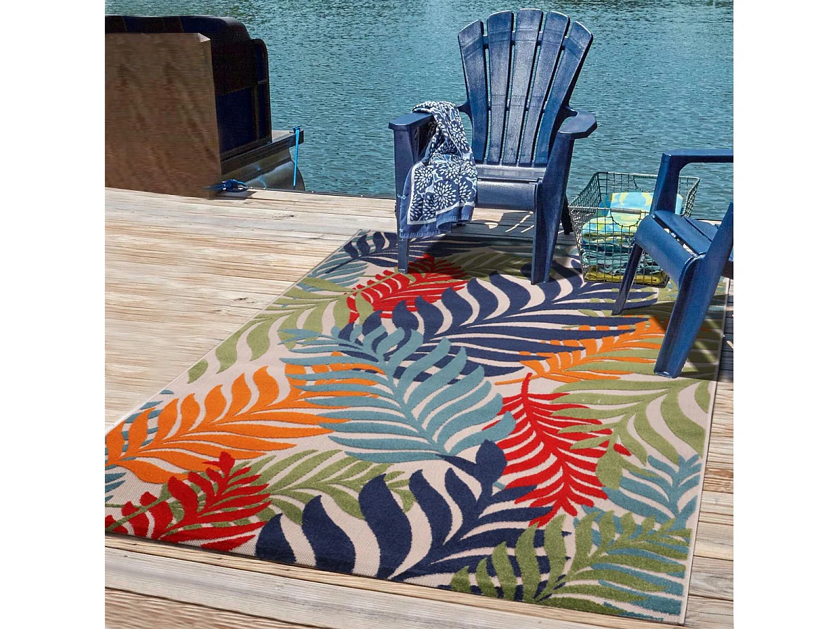 Tapis extérieur 200x290 tissé kilim bleu et rouge CHIMEK