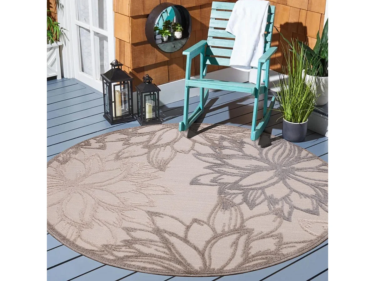 Tapis rond d'extérieur Ø120cm tissé kilim marron et crème CHIMEKO