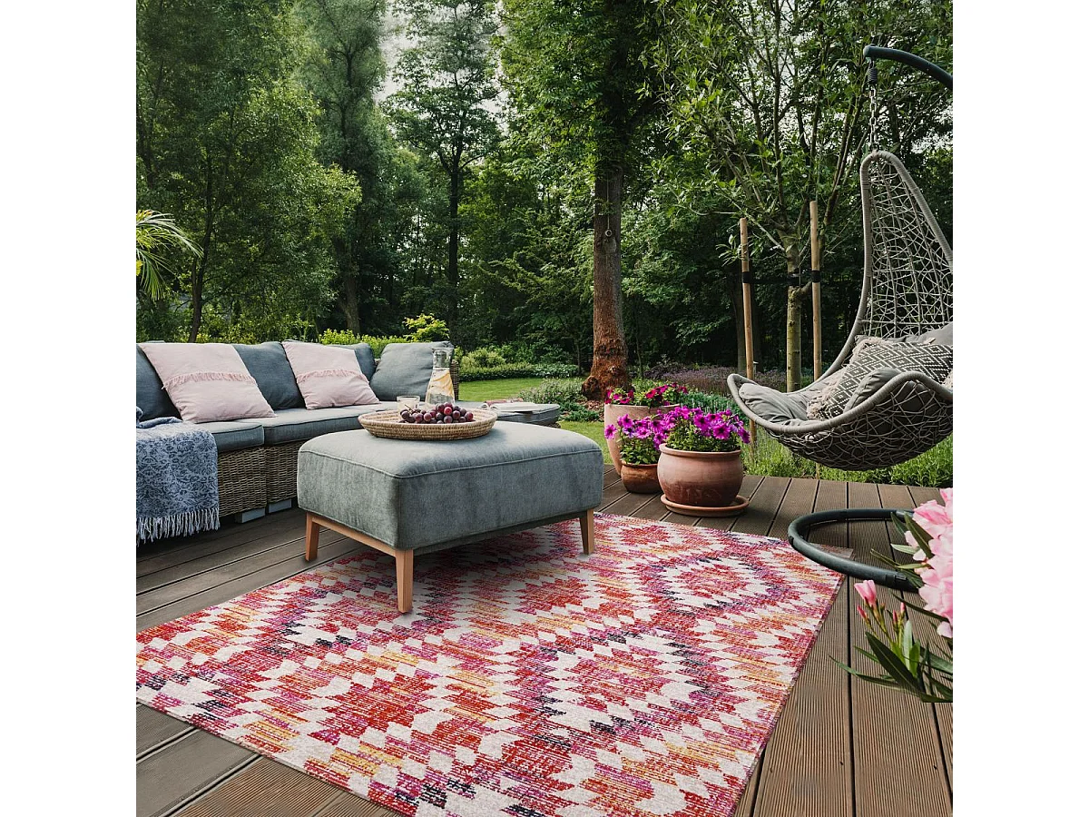 Tapis extérieur 150x220 tissé kilim rose et rouge SANDRINE