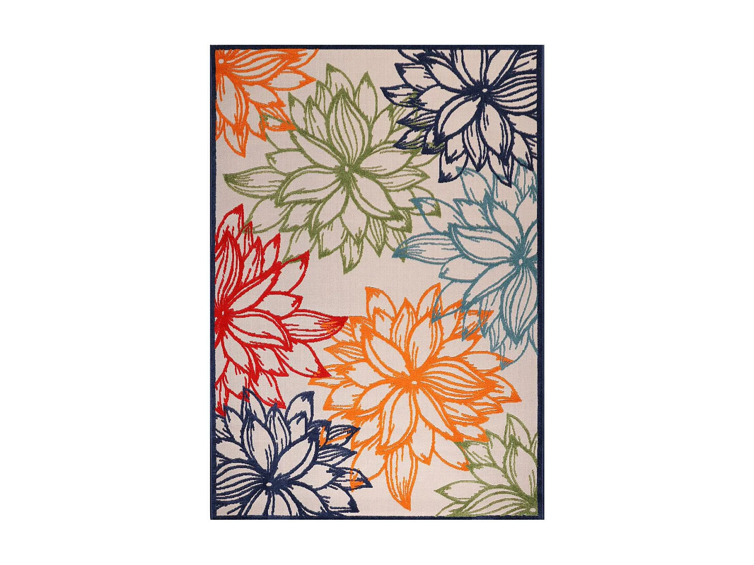 Tapis extérieur Ø200cm rond tissé kilim bleu et beige CHIMEKO