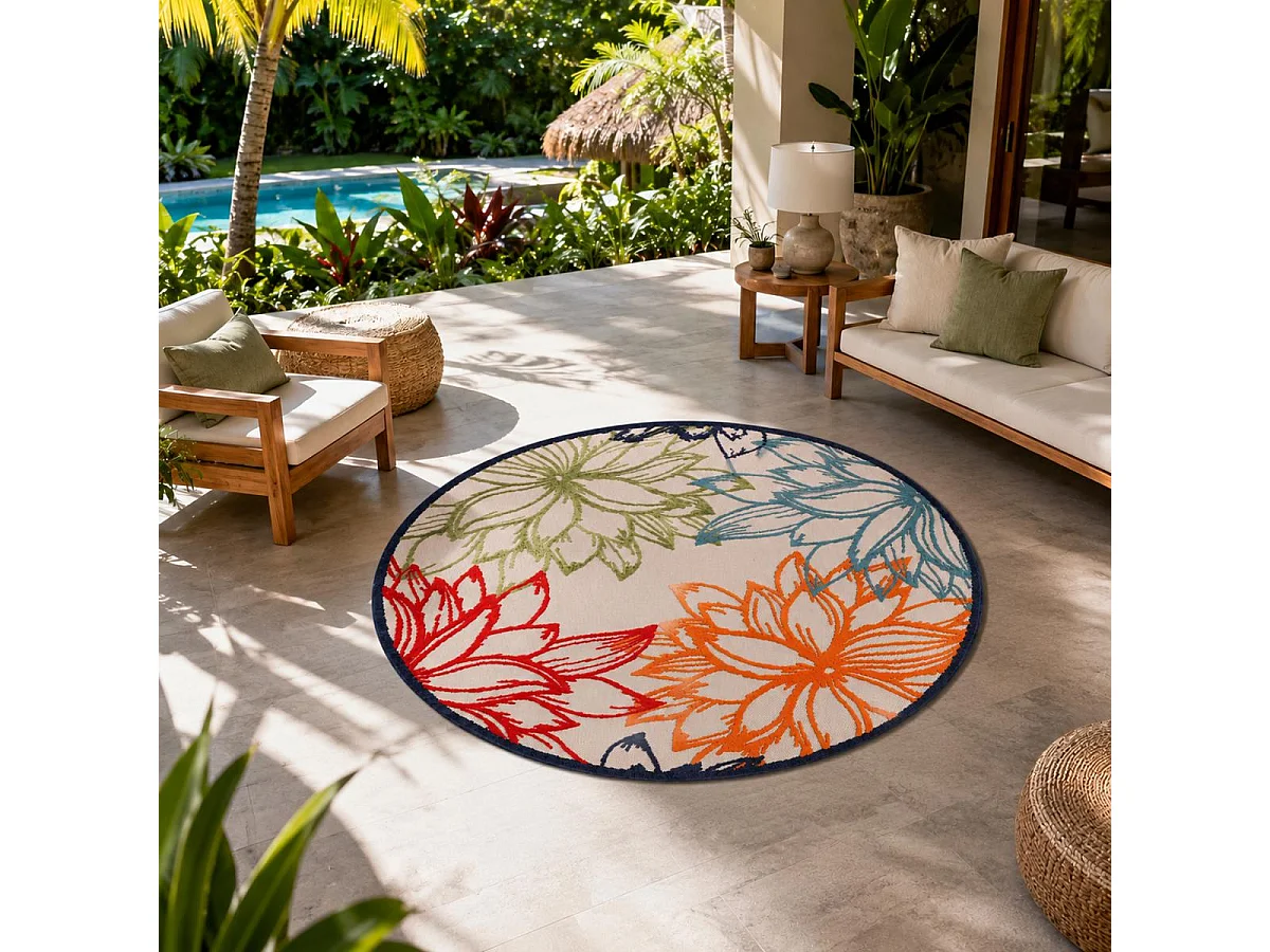 Tappeto da esterno Ø200 cm tessuto rotondo kilim blu e beige CHIMEKO
