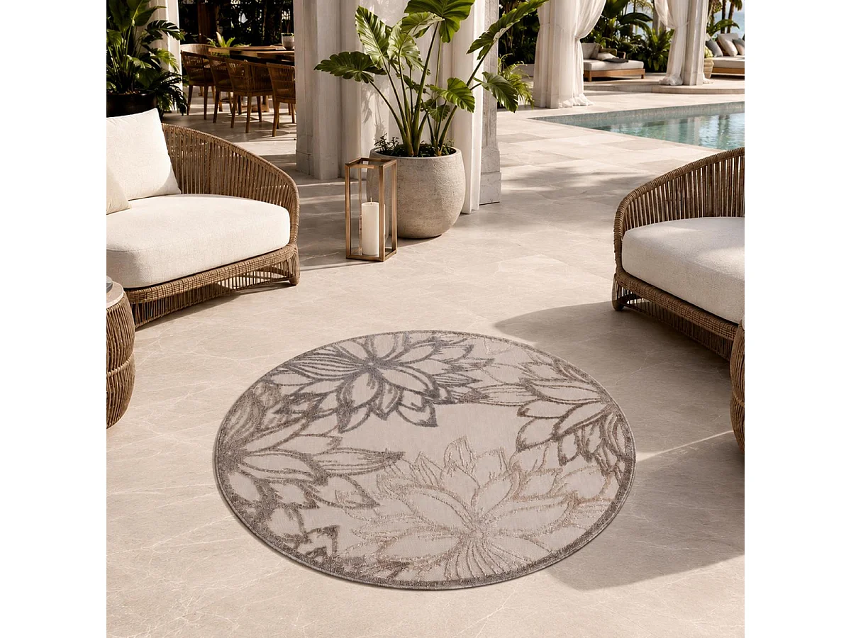 Alfombra de exterior Ø200cm kilim redondo tejido crema CHIMEK