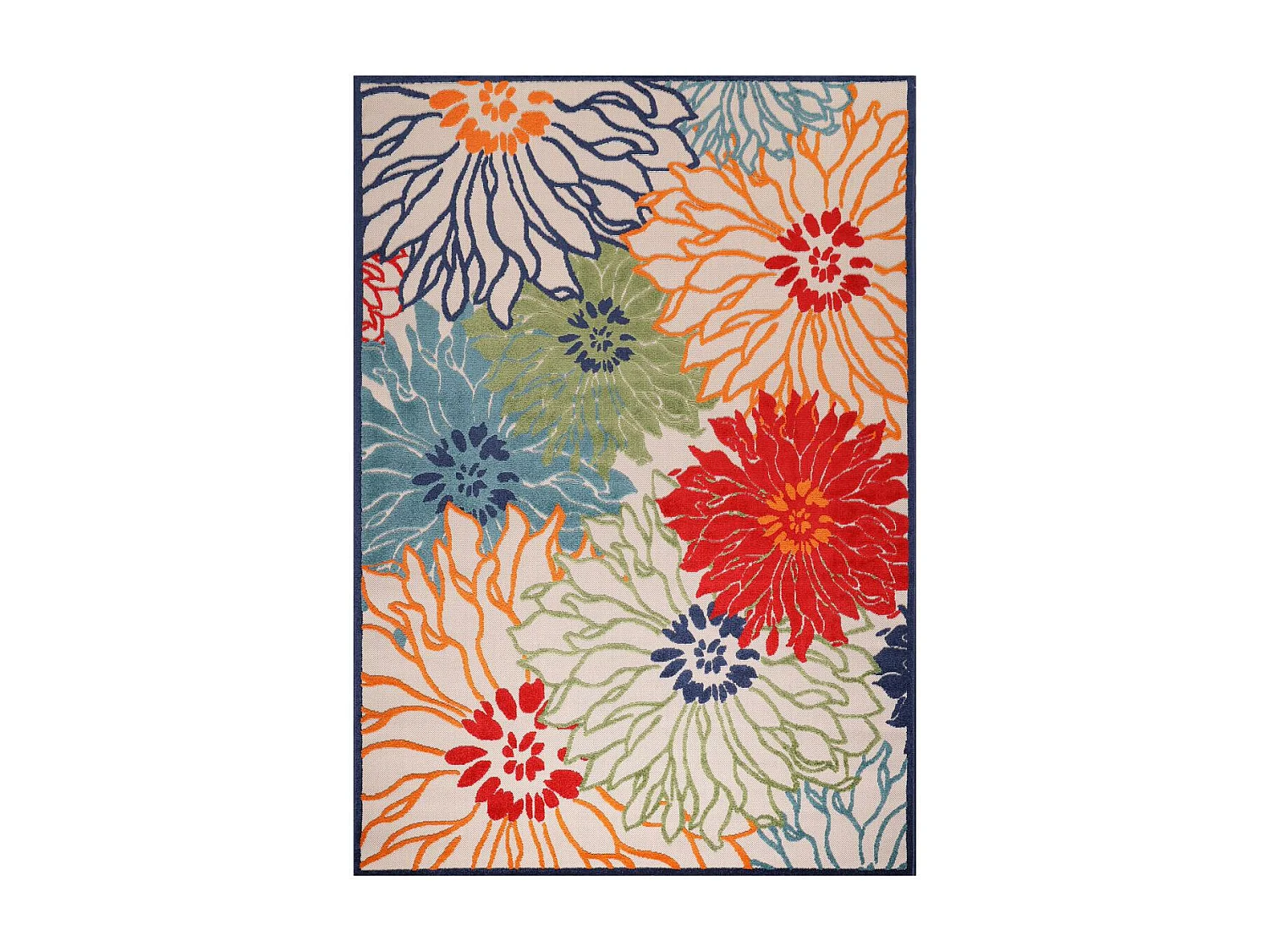 Tapis extérieur Ø120cm rond tissé kilim bleu et beige CHIMEKA