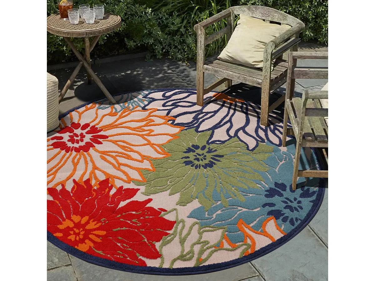 Tapis rond d'extérieur Ø120cm tissé kilim bleu et beige CHIMEKA