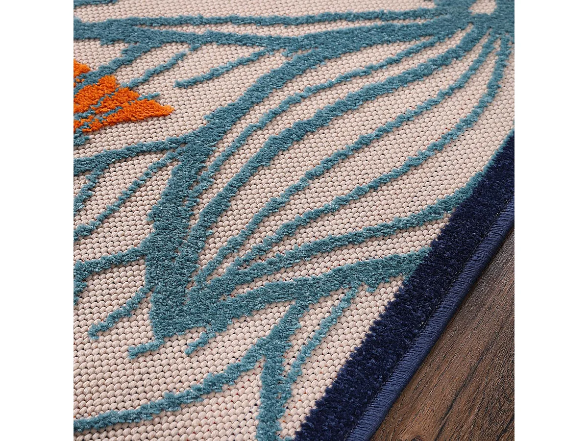 Tapis extérieur Ø150cm rond tissé kilim bleu et beige CHIMEKO