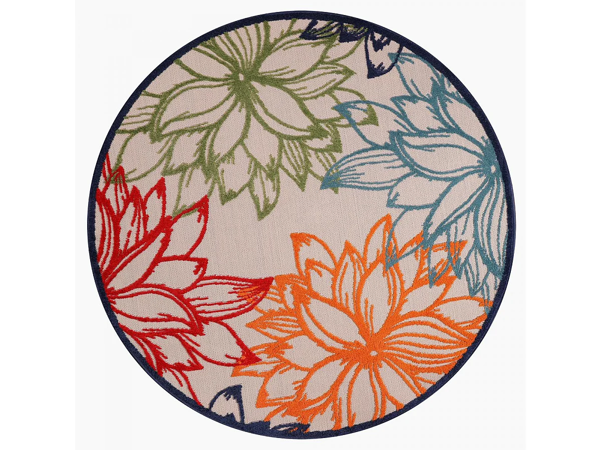 Tapis rond d'extérieur Ø150cm tissé kilim bleu et beige CHIMEKO