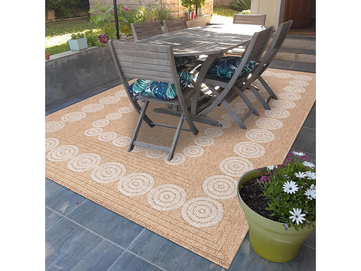 Tapis extérieur Ø160cm rond tissé kilim beige et blanc JUTE ART 8