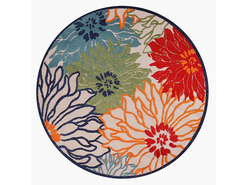 Tapis rond d'extérieur Ø150cm tissé kilim bleu et beige CHIMEKA