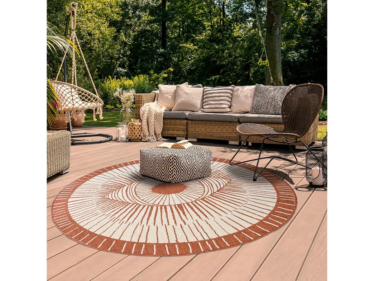 Tapis rond d'extérieur, kilim reversible Ø120cm LYN2 B ROND REVERSIBLE ocre et crème