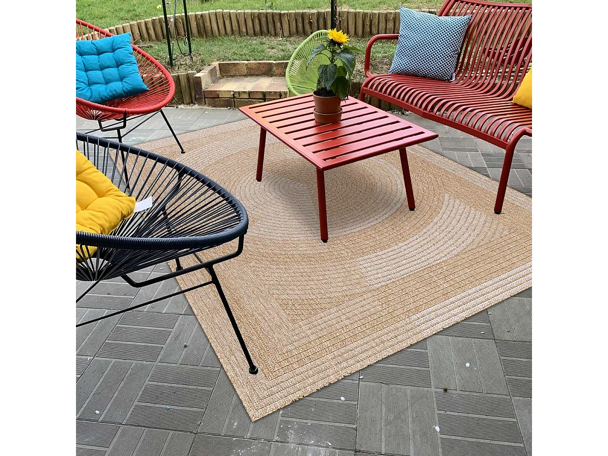 Tapis rond d'extérieur Ø120cm tissé kilim beige et blanc JUTE ART 7