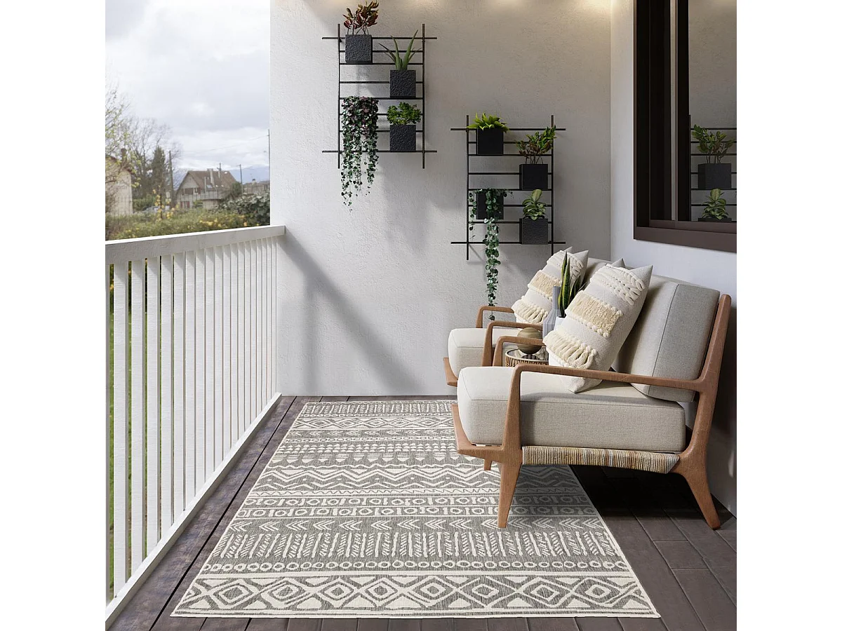 Tapis extérieur, kilim reversible 120x170 LYN2 AO REVERSIBLE gris et crème