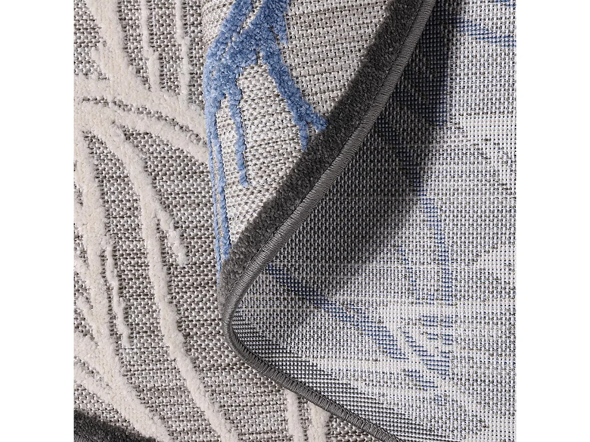 Tapis extérieur Ø120cm rond tissé kilim gris et bleu CHIMEKO