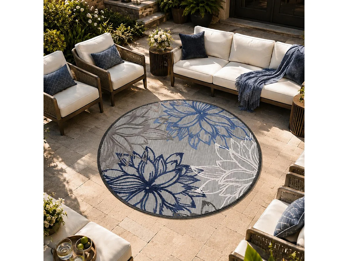 Tappeto da esterno Ø120 cm tessuto rotondo kilim grigio e blu CHIMEKO