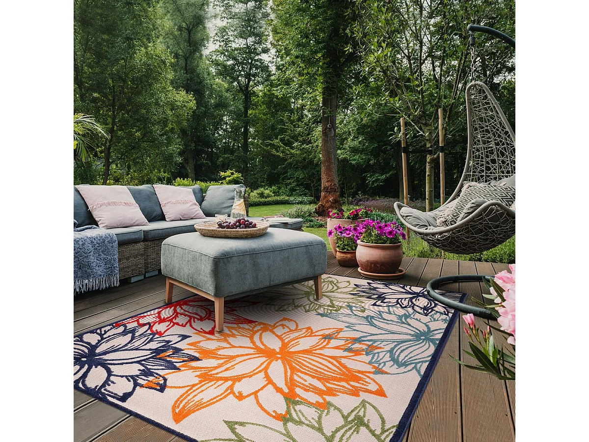 Tapis extérieur 60x110 tissé kilim bleu et beige CHIMEKO