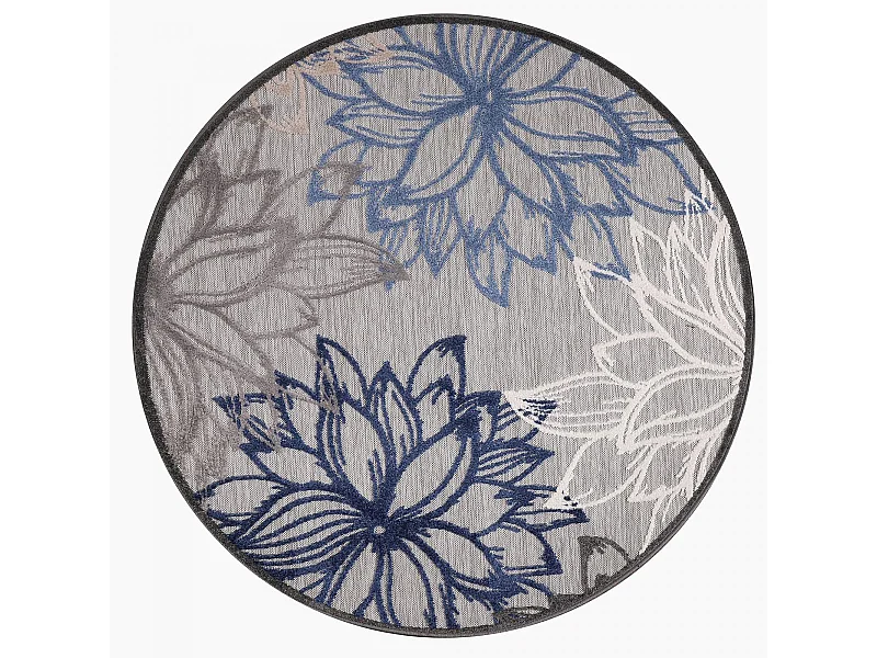 Tapis rond d'extérieur Ø150cm tissé kilim gris et bleu CHIMEKO