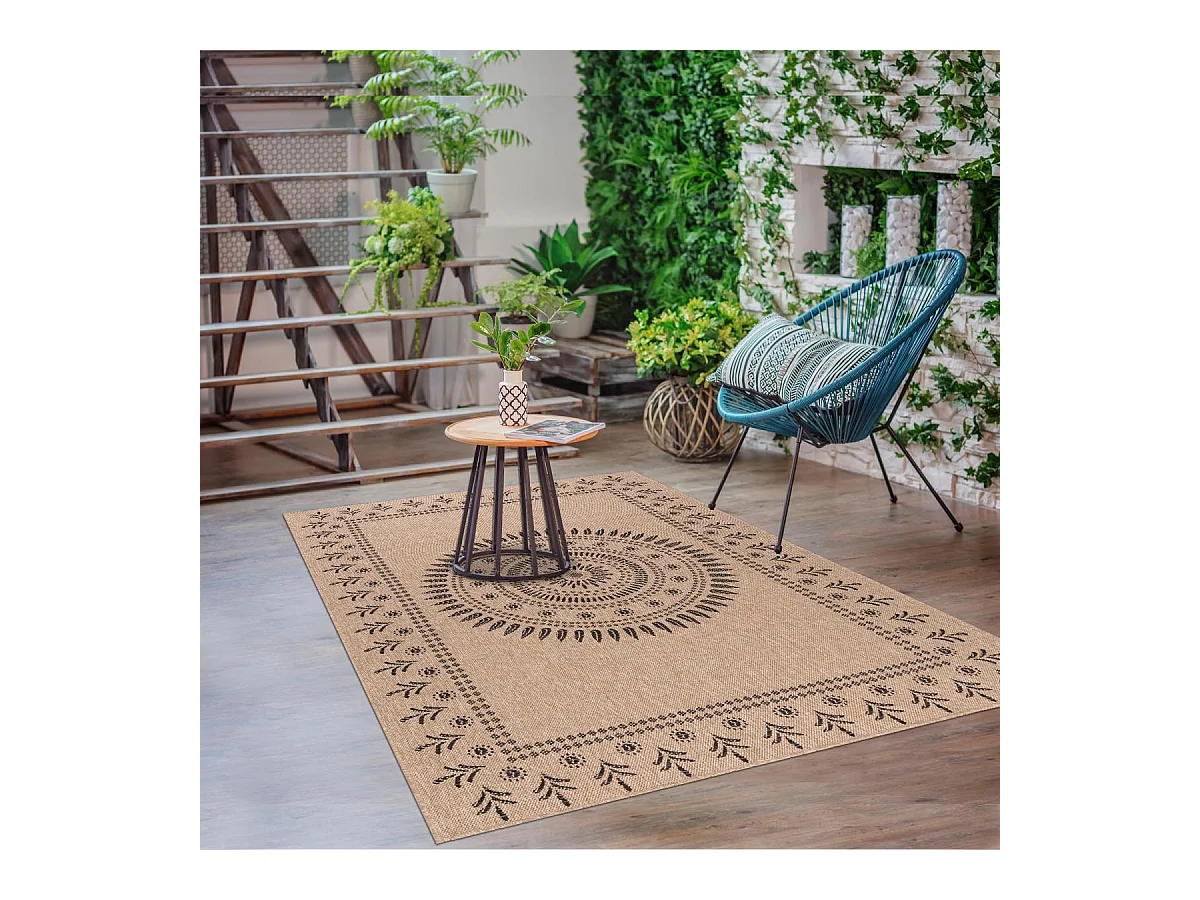 Tapis extérieur Ø120cm rond tissé kilim beige et noir JUTE ART 6