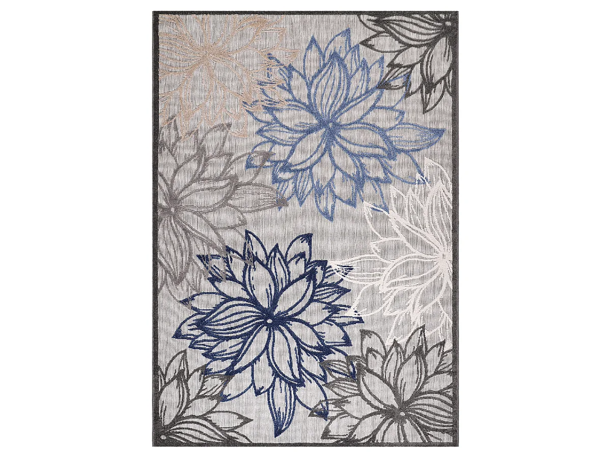 Tapis extérieur 200x290 tissé kilim gris et bleu CHIMEKO
