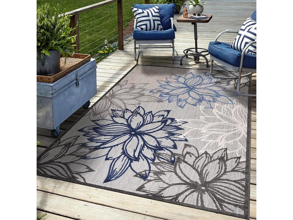 Tapis extérieur 200x290 tissé kilim gris et bleu CHIMEKO