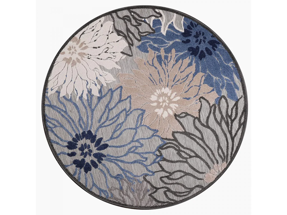 Tapis extérieur Ø150cm rond tissé kilim bleu et gris CHIMEKA