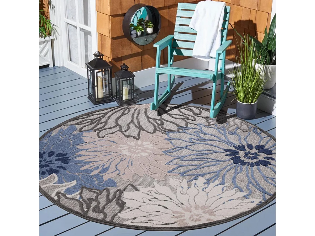 Tappeto da esterno Ø150 cm rotondo intrecciato kilim blu e grigio CHIMEKA