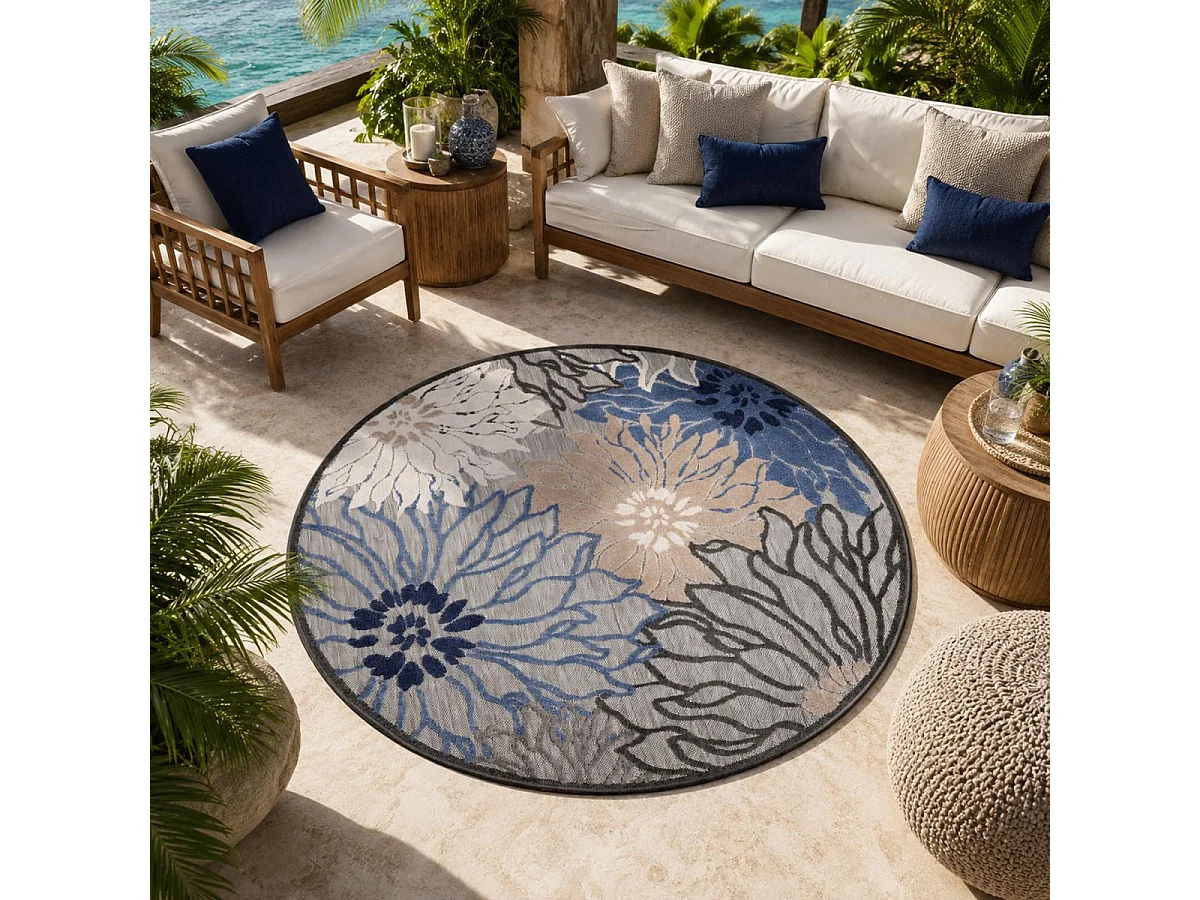 Tappeto da esterno Ø150 cm rotondo intrecciato kilim blu e grigio CHIMEKA