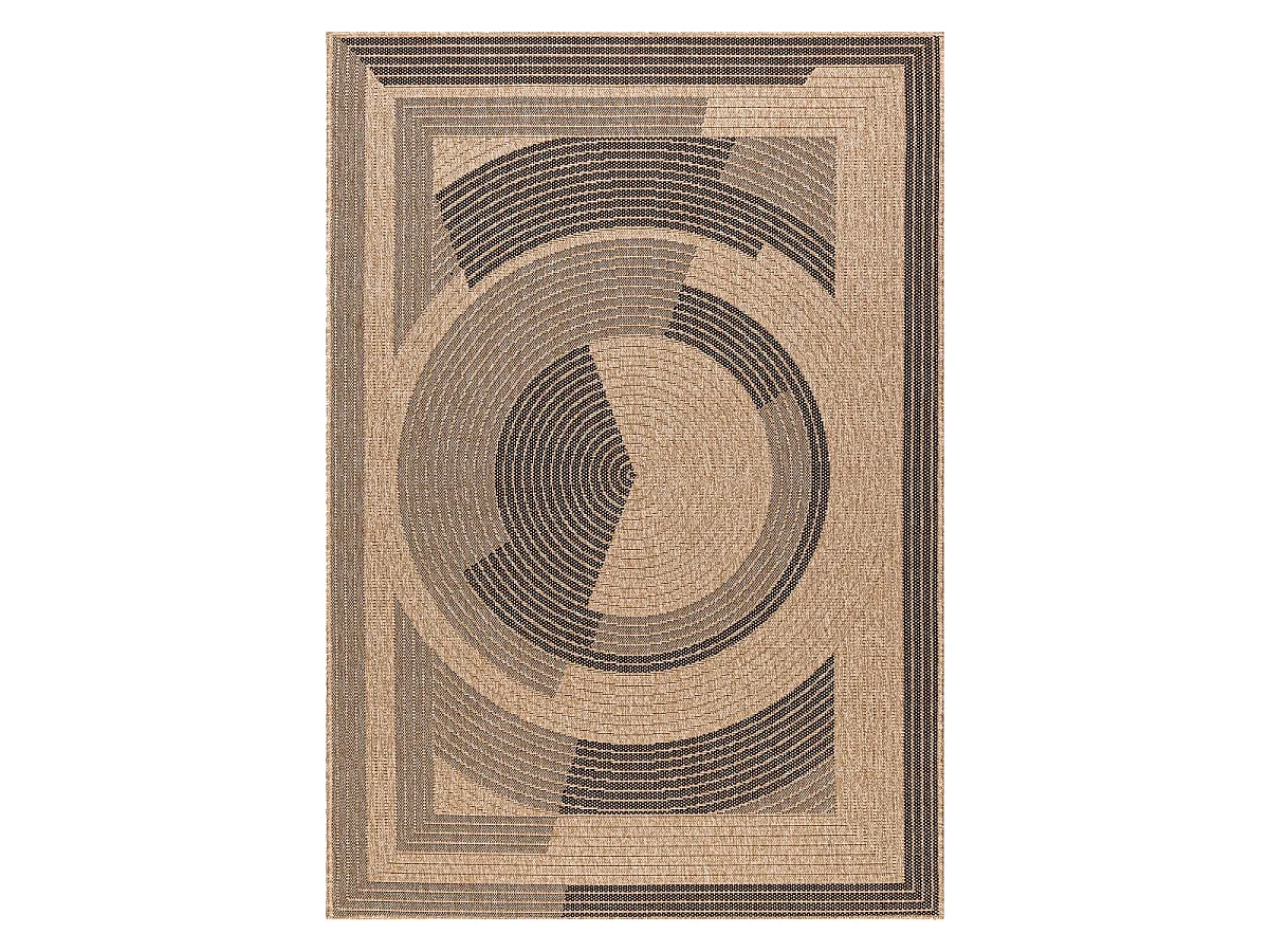 Tapis extérieur Ø160cm rond tissé kilim beige et noir JUTE ART 7