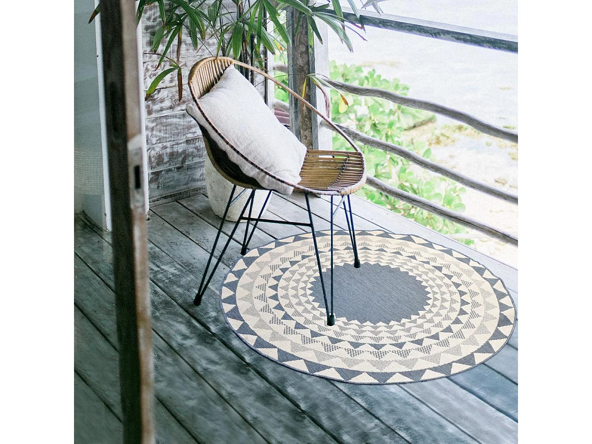 Tapis rond d'extérieur, kilim reversible Ø160cm LYN2 C ROND REVERSIBLE bleu et blanc