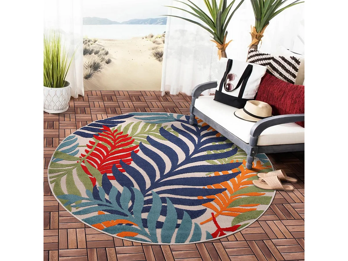 Tapis rond d'extérieur Ø120cm tissé kilim bleu et rouge CHIMEK