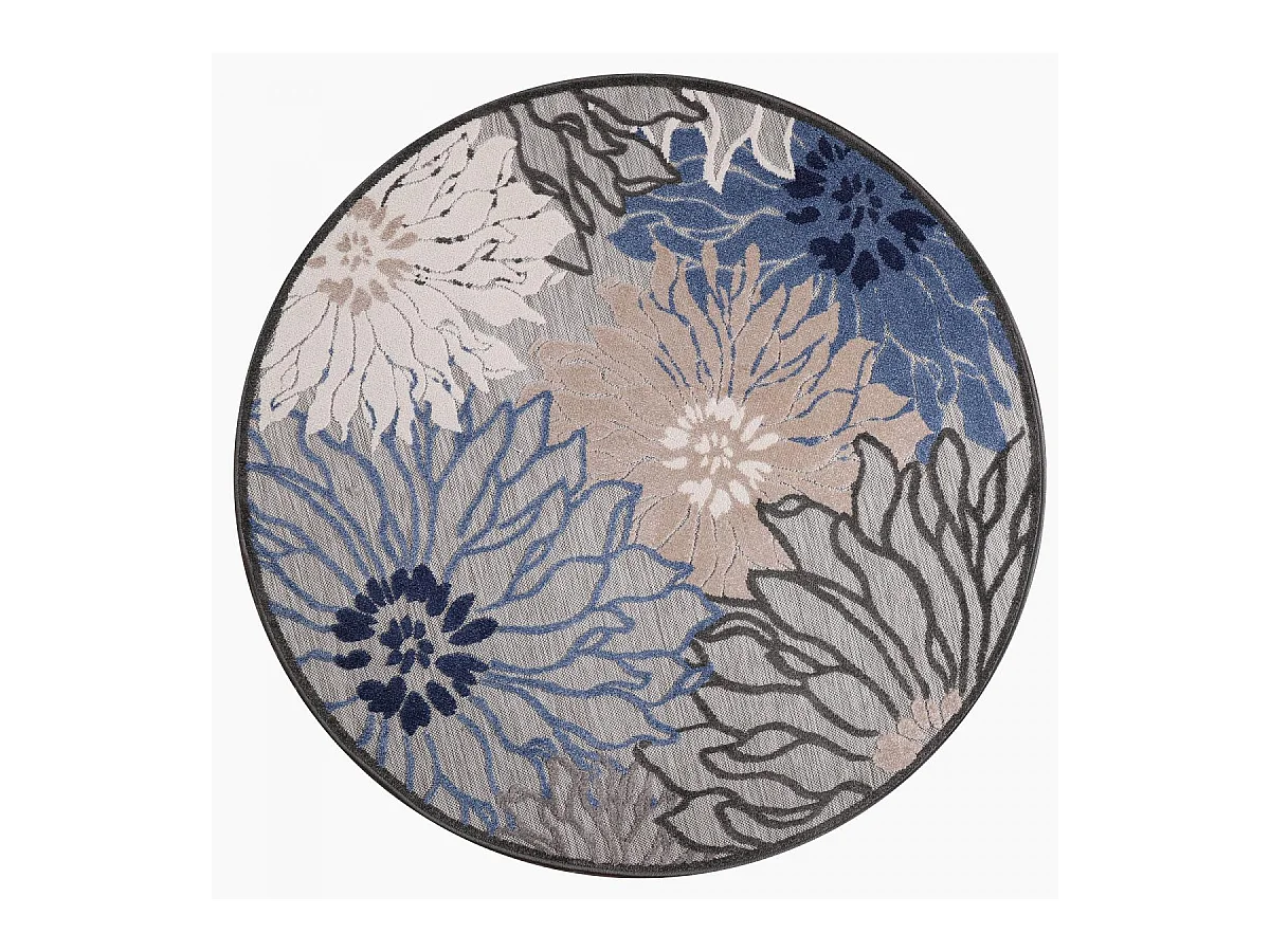 Tapis extérieur Ø200cm rond tissé kilim bleu et gris CHIMEKA