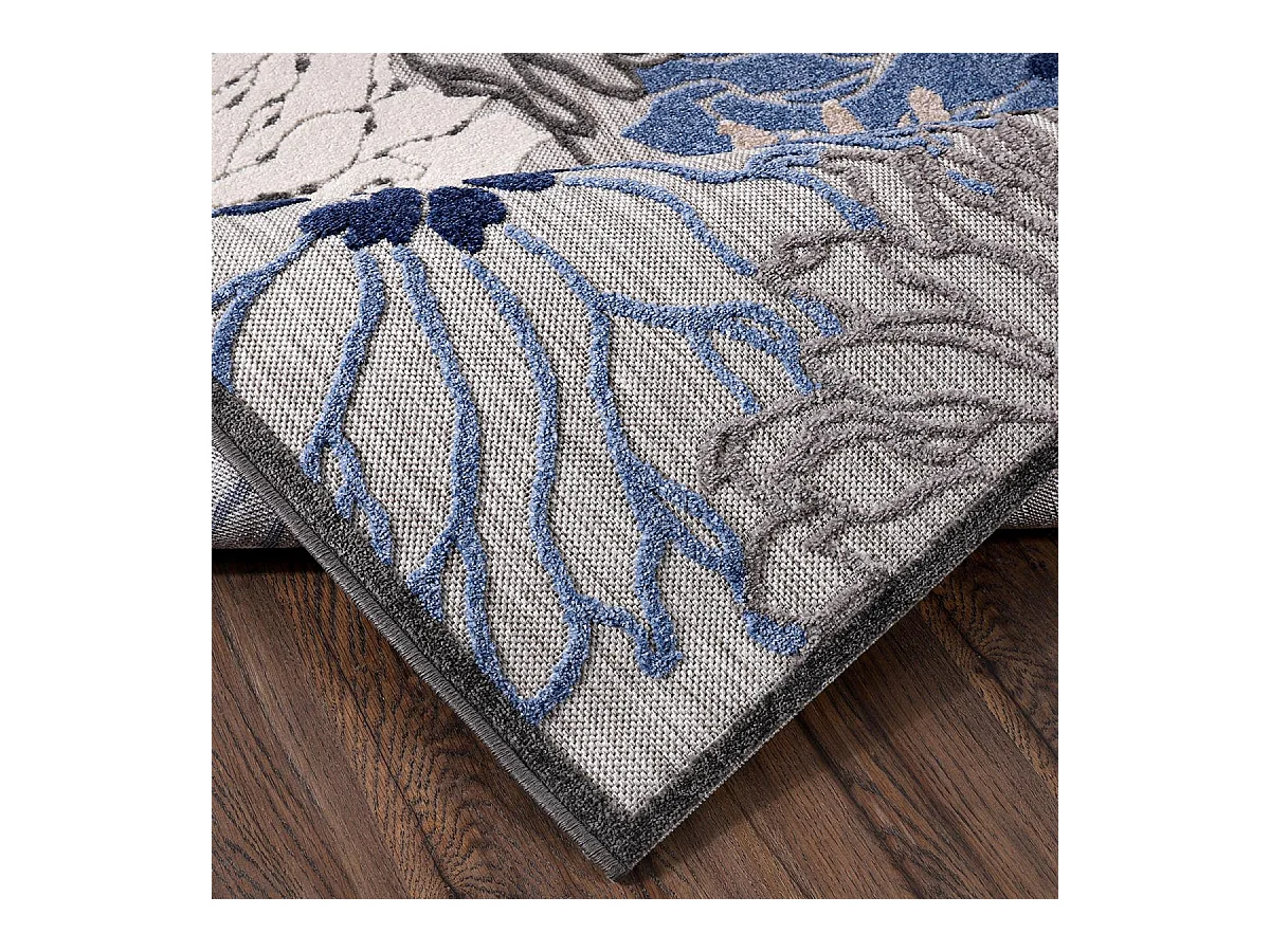 Tapis extérieur Ø200cm rond tissé kilim bleu et gris CHIMEKA