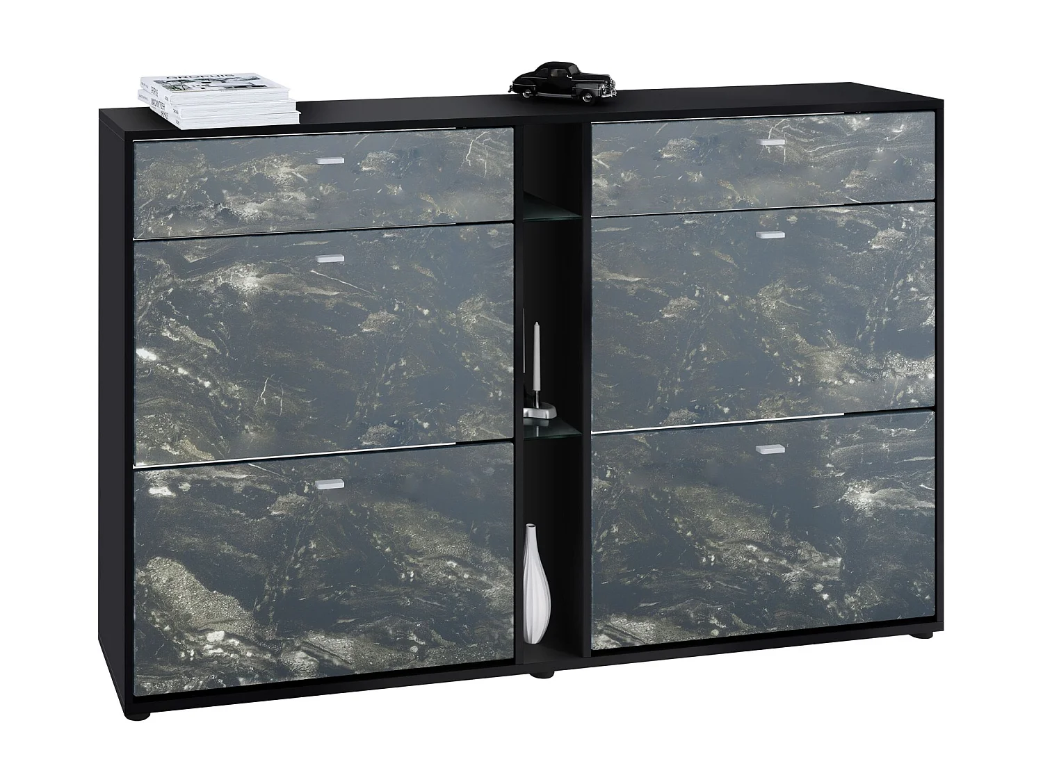 Meuble à Chaussures Noir Mat Et Optique Marbre Graphite (lxhxp) : 155,5 X 95 X 28