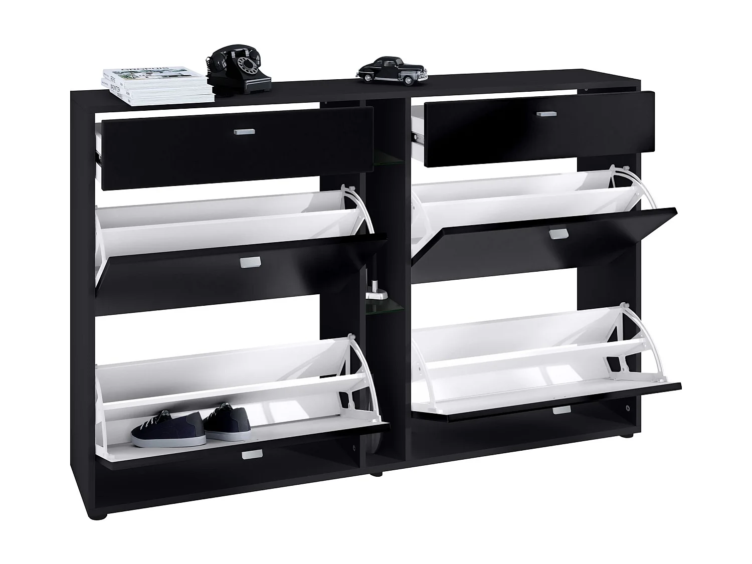 Meuble à Chaussures Noir Mat Et Optique Marbre Graphite (lxhxp) : 155,5 X 95 X 28