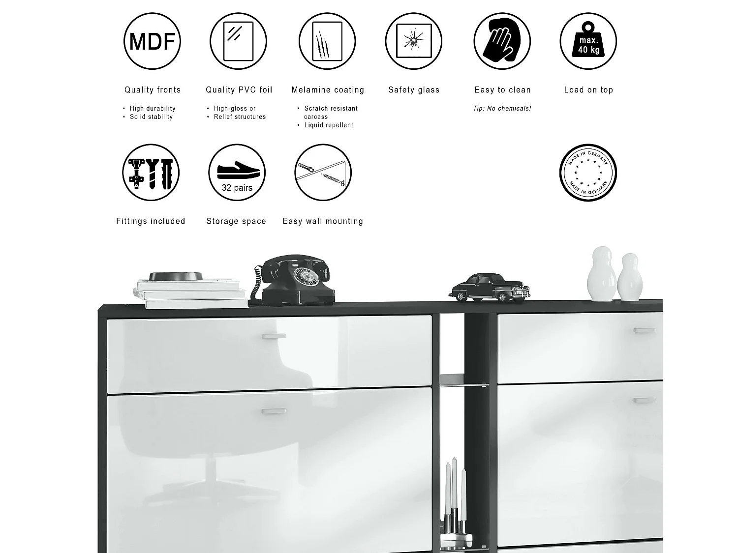 Meuble à Chaussures Noir Mat Et Optique Marbre Graphite (lxhxp) : 155,5 X 95 X 28