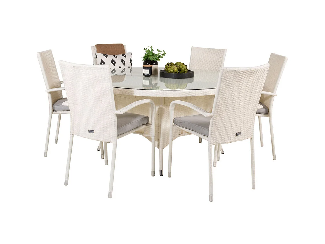 Volta tuinmeubelset tafel Ø150cm en 6 stoel Anna wit.