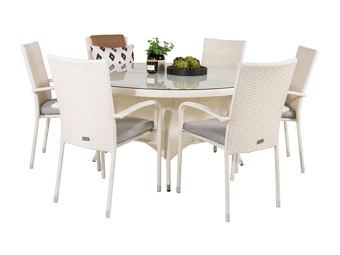 Volta Ensemble table et chaises de jardin, table Ø150cm et 6 chaises Anna, blanc.