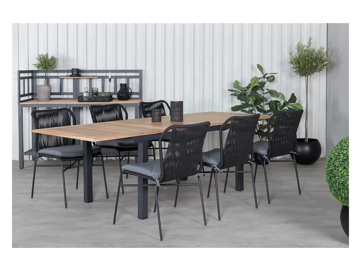 Panama Ensemble table et chaises de jardin, table 90x152/210cm et 6 chaises Julian, noir, naturel.