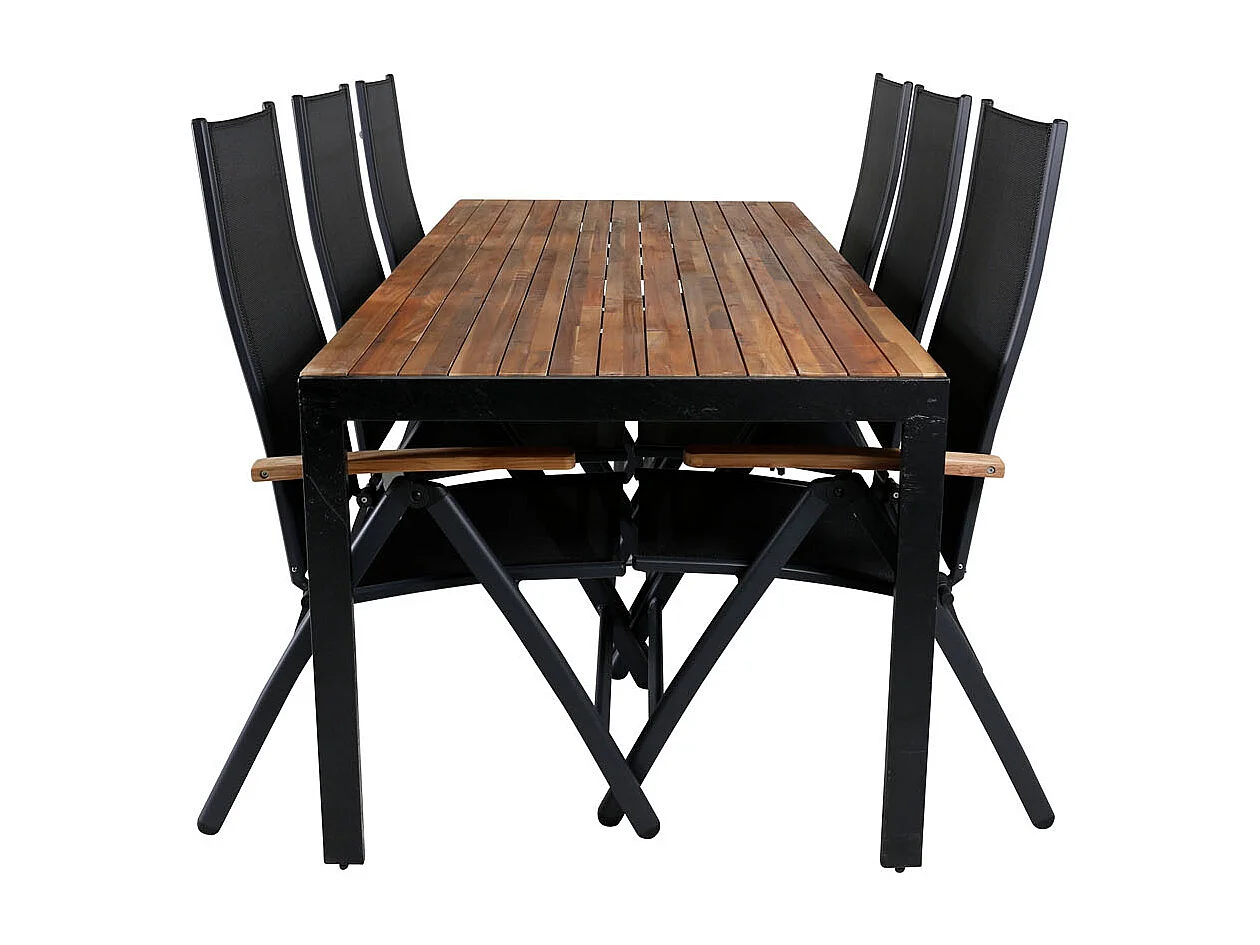 Bois Ensemble table et chaises de jardin, table 90x205cm et 6 chaises Panama, noir, naturel.