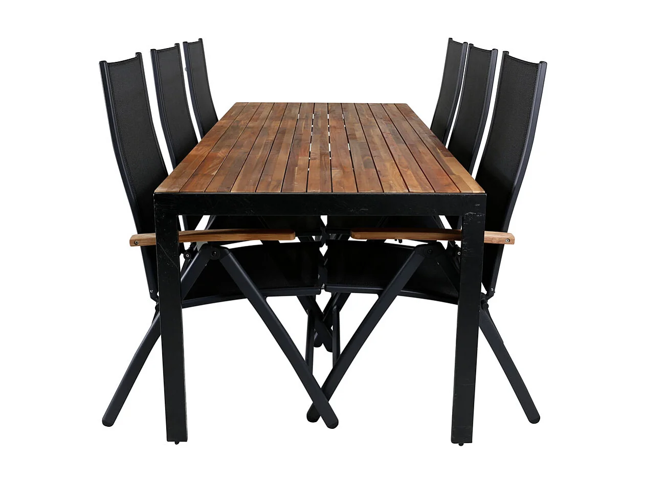 Bois Ensemble table et chaises de jardin, table 90x205cm et 6 chaises Panama, noir, naturel.